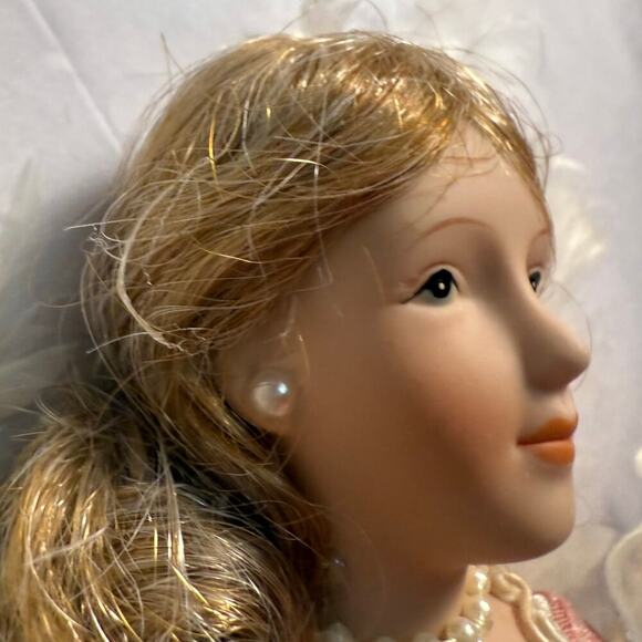 VTG Porcelain Angel Christmas Ornament Cream Pink Pearl Lace Feathers Ribbon 12” - Picture 2 of 16